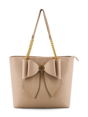 Neutral Bow-Front Tote with Gold Chain Straps